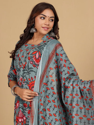 Varanga Women Ethnic Floral Printed V Neck Kurta withTrouser & Dupatta